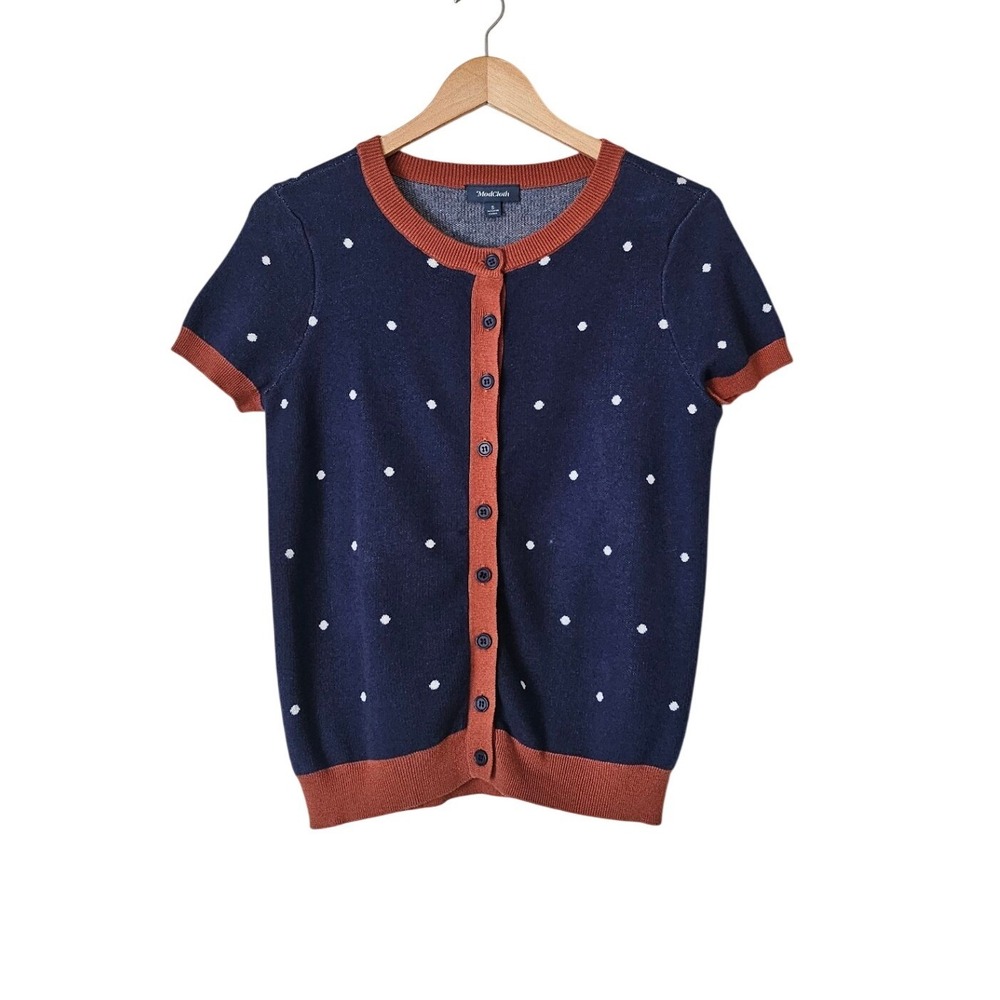 ModCloth Polka Dot Cardigan Sweater Navy Orange Sz S Rockabilly Retro Pinup
